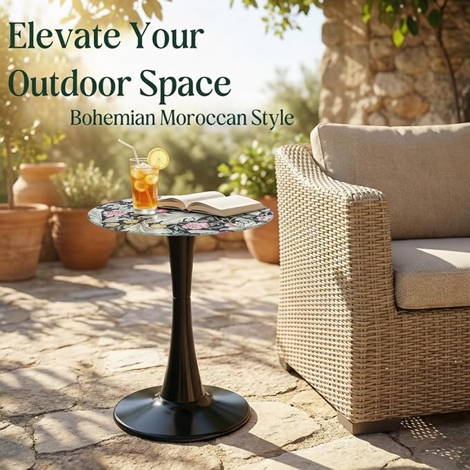 Simmer Stone 13.4" Outdoor Side Table, Round Patio Bistro Table Printed Tempered Glass Top, Waterproof Rust-Proof Base, Small Plant Stand for Balcony, Garden, Deck, 21.6" H (Morris Green)