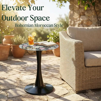 Simmer Stone 13.4" Outdoor Side Table, Round Patio Bistro Table Printed Tempered Glass Top, Waterproof Rust-Proof Base, Small Plant Stand for Balcony, Garden, Deck, 21.6" H (Morris Green)