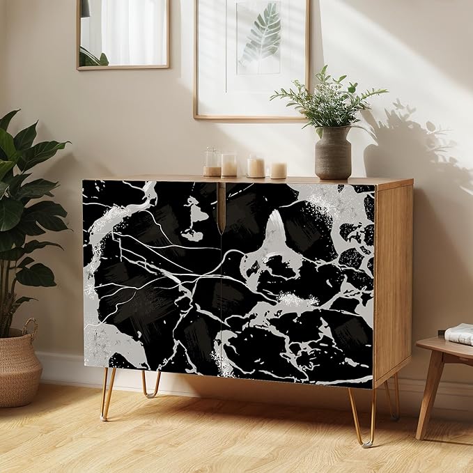 SIGNWIN Sideboard Buffet Cabinet, Kitchen Storage Cabinet with 2 Doors, Dark Black & Gray Stonewash Pattern, Cupboard Console Table for Dining Room - 35" L x 18" W x 29" H