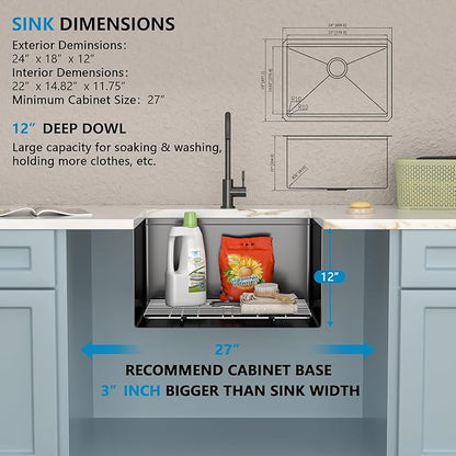24"x18" Undermount Laundry Utility Sink Workstation – Gunmetal Black NANO-PVD, 16 Gauge 304 Stainless Steel, 12 Inch Deep Single Bowl Sink Basin for Laundry Room, RV or Utility Use