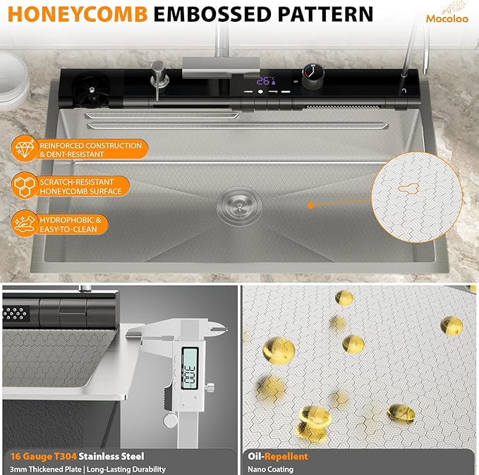 Mocoloo 30 Inch Honeycomb Waterfall Kitchen Sink Drop in, 30x19 Inch Stainless Steel Workstation Sink 16 Gauge Topmount Single Bowl LED Display Sink with Complete Kit