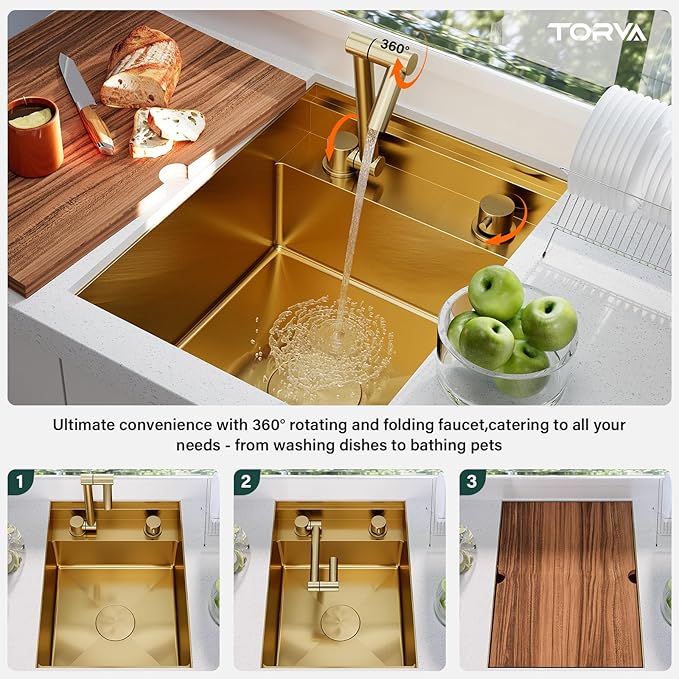 TORVA Gold RV Sink, 16x21x9 Inch Undermount Stainless Steel Single Bowl Bar Sink, Nano Coated 16 Gauge T304 Steel RV Kitchen Sink, Scratch-Resistant & Easy Clean for Camper, Trailer, and Tiny Home
