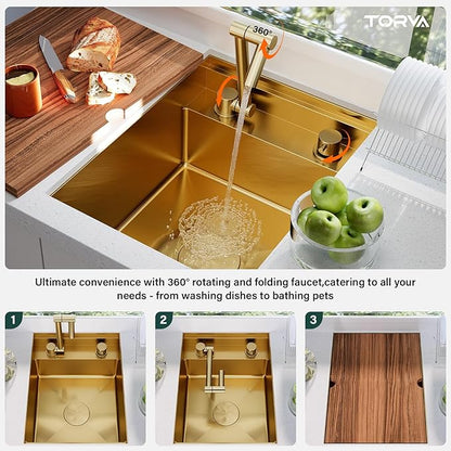 TORVA Gold RV Sink, 16x21x9 Inch Undermount Stainless Steel Single Bowl Bar Sink, Nano Coated 16 Gauge T304 Steel RV Kitchen Sink, Scratch-Resistant & Easy Clean for Camper, Trailer, and Tiny Home