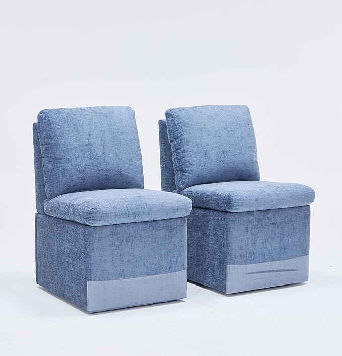 Set of 2 Linen Upholstered Armless Dining Chair with Casters and Storage Space, Modern Dining Room Chairs with Wheels for Dining Room Kitchen Bedroom Reading Room Living Room, Blue