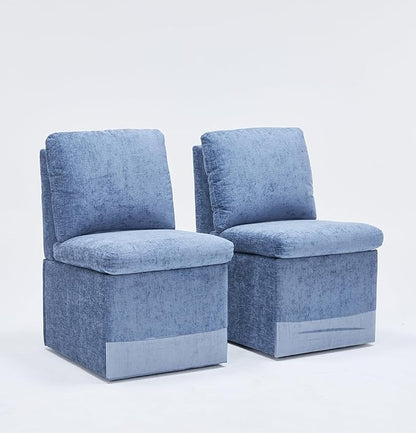 Set of 2 Linen Upholstered Armless Dining Chair with Casters and Storage Space, Modern Dining Room Chairs with Wheels for Dining Room Kitchen Bedroom Reading Room Living Room, Blue