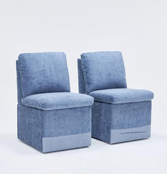 Set of 2 Linen Upholstered Armless Dining Chair with Casters and Storage Space, Modern Dining Room Chairs with Wheels for Dining Room Kitchen Bedroom Reading Room Living Room, Blue