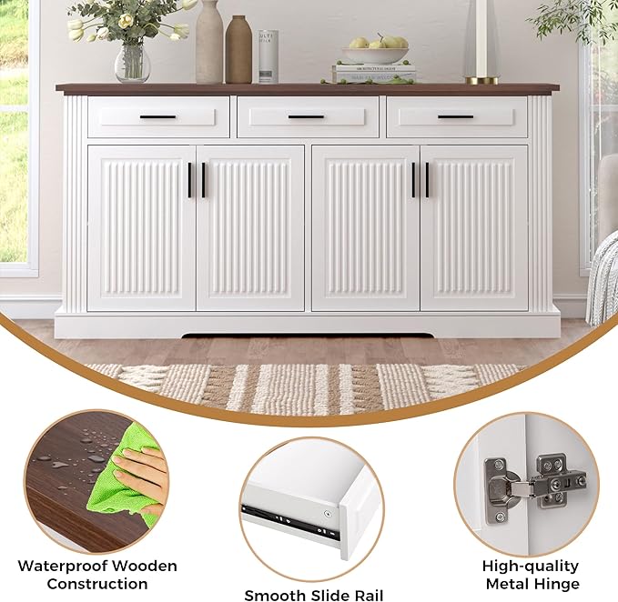 63" Large Buffet Sideboard with Storage, 32" Tall Kitchen Buffet Storage Cabinet with 3 Drawers, Modern Coffee Bar Cabinet with Handles, Long Sideboard Buffet Table for Kichen, Living Room (White-01)