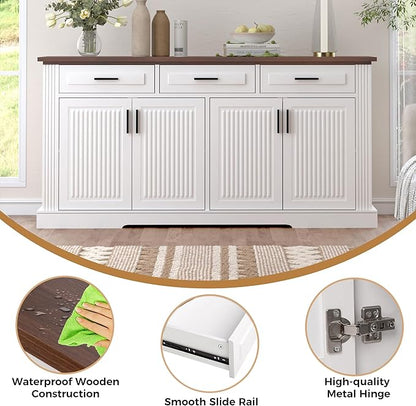 63" Large Buffet Sideboard with Storage, 32" Tall Kitchen Buffet Storage Cabinet with 3 Drawers, Modern Coffee Bar Cabinet with Handles, Long Sideboard Buffet Table for Kichen, Living Room (White-01)