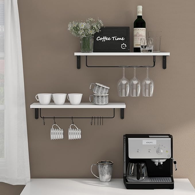 Afuly Coffee Bar Shelf, 20 Inch Wall Mounted Shelves for Mugs & Glasses, Floating Shelves with 8 Hooks, Coffee Cup Wall Holder, Set of 2