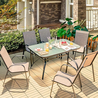 Giantex Patio Dining Table for for 4-6 Person, Outdoor Table with 1.5” Umbrella Hole, Rectangular Tempered Glass Tabletop, Sturdy Steel Frame, 55” x 35” x 28”