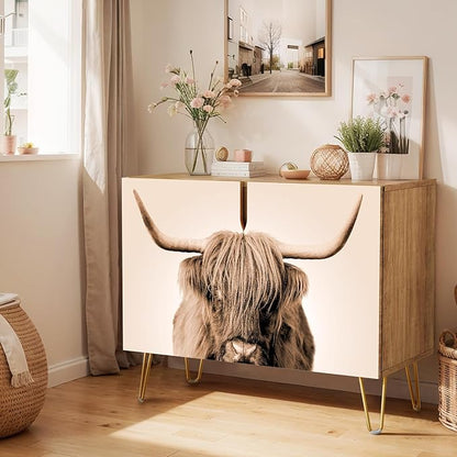 SIGNWIN Sideboard Buffet Cabinet, Kitchen Storage Cabinet with 2 Doors, Duotone Sepia Shetland Cow, Cupboard Console Table for Dining Room - 35" L x 18" W x 29" H
