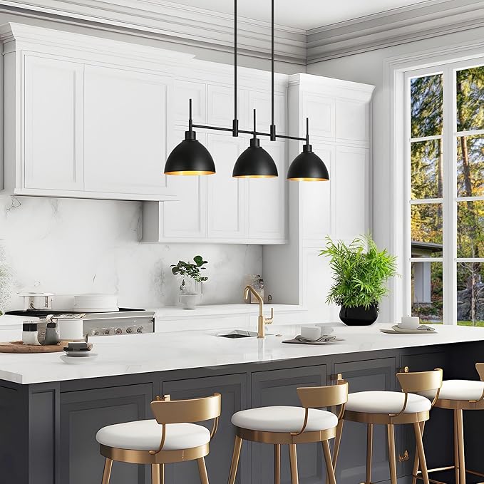 LOG BARN Black Chandeliers for Dining Room, Modern Farmhouse Linear Pendant Lighting for Kitchen Island, 3-Light Ceiling Fixture Hanging with Dome Metal Shade