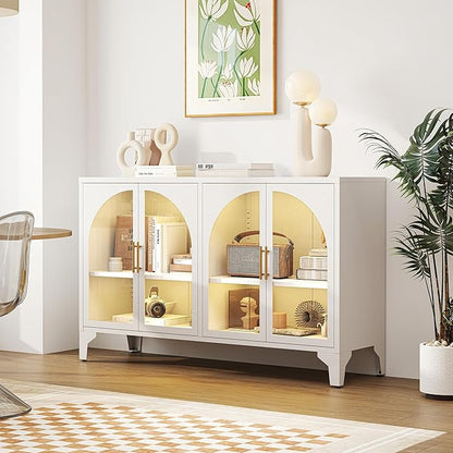 Foreate Arched Sideboard Buffet Cabinet with Storage & LED Light, 53.2" Large Buffet Cabinet with 4 Glass Door & Adjustable Shelf, Modern Farmhouse Sideboard Credenzas Metal Kitchen Buffet, White
