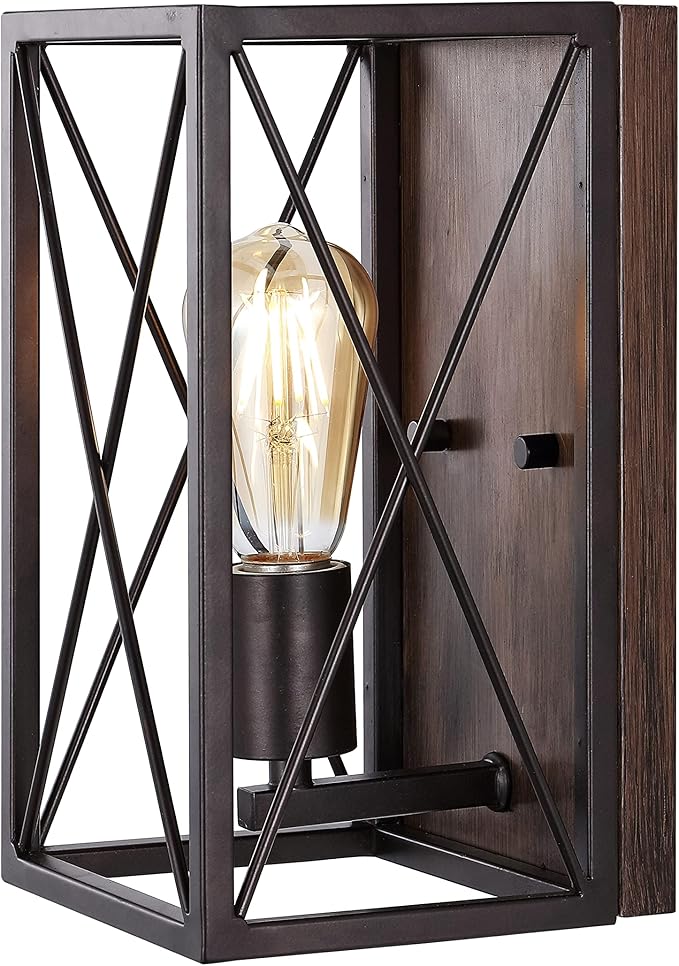 JONATHAN Y 6" Oil Rubbed Bronze/Wood Finish 1-Light Iron Sconce, Farmhouse Rustic X-Frame Wall Lantern for Bathroom Hallway Entryway, Modern Industrial Lamp, LED Bulb Included JYL1310A
