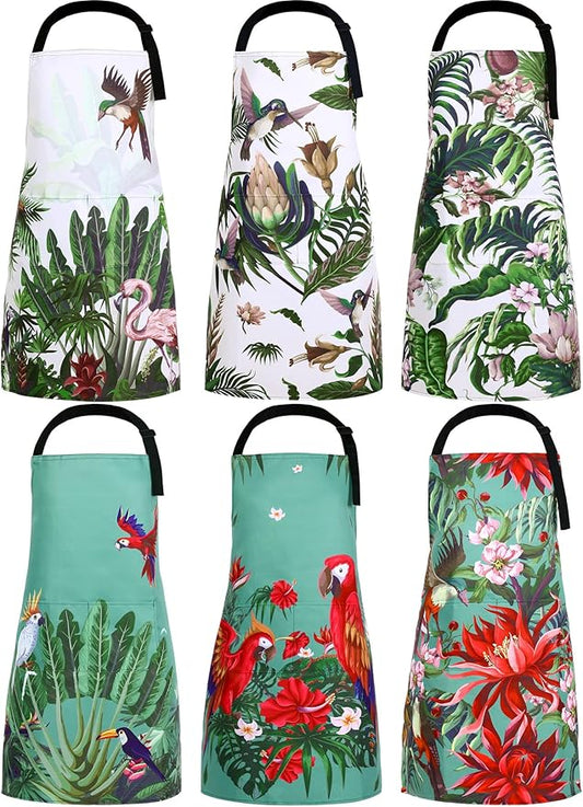Bencailor 6 Pcs Spring Kitchen Aprons with Pockets Flower Rooster Bee Butterfly Sunflower Summer Aprons Bulk for Women(Green,Bird)