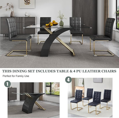 5-Piece Glass Dining Table Set, 63" White Kitchen Table with X-Shape MDF Base, Dining Room Set for 4 with 4 Leather Upholstered Chair for Kitchen, Dining Room (Black,Gold)