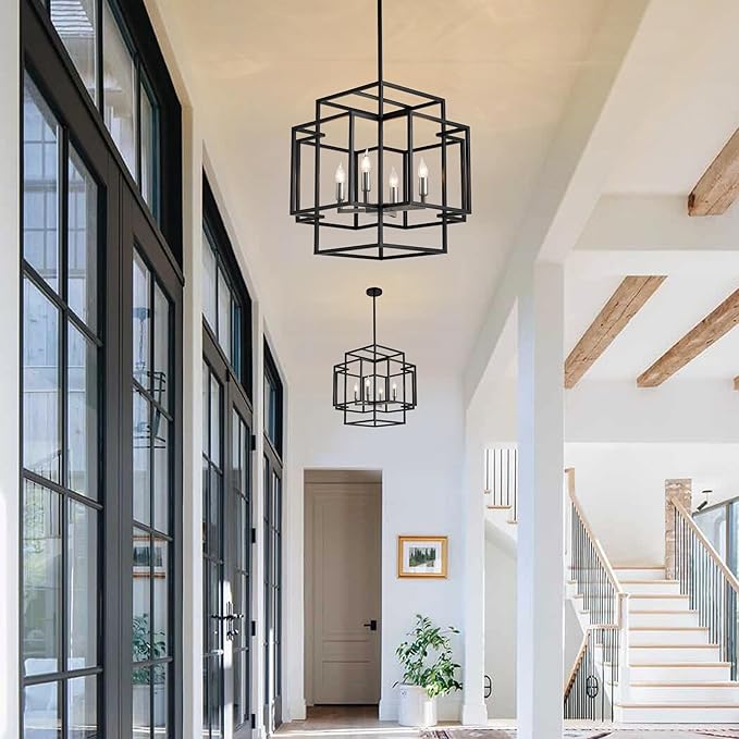 4-Light Metal Lantern Tiered Pendant Hanging Light Fixtures, Industrial Farmhouse Chandeliers for Entryway, Dinning Room Chandelier for Kitchen Island Foyer Hallway, Black & Brushed Nickel