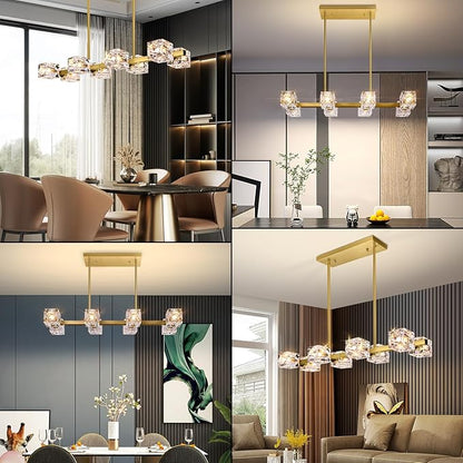 Modern Crystal Chandeliers for Dining Room, 8-Light Gold Rectangular Dining Room Light Fixture, Adjustable Farmhouse Pendant Light with K9 Crystal Cube Shade for Kitchen Island, Living Room, Bedroom