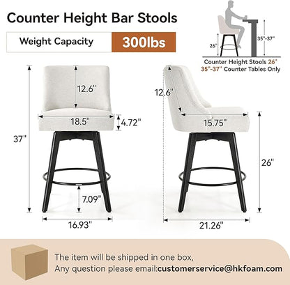 Counter Height Bar Stools Set of 2, Swivel Barstools with Backs and Wood Legs, Linen Fabric Upholstered Counter Stools for Kitchend Island, Mid-Century Modern 26" Seat Height Bar Chairs, Cream