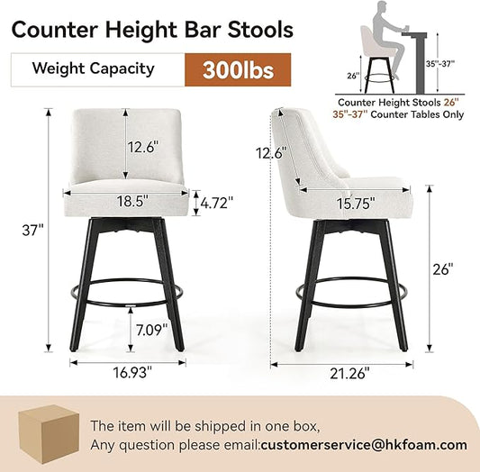 Counter Height Bar Stools Set of 2, Swivel Barstools with Backs and Wood Legs, Linen Fabric Upholstered Counter Stools for Kitchend Island, Mid-Century Modern 26" Seat Height Bar Chairs, Cream