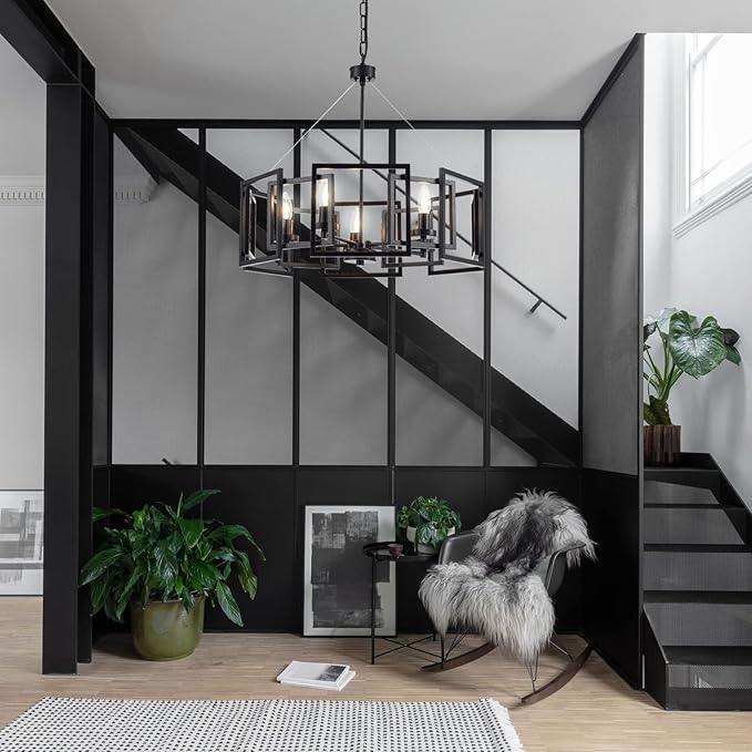 Industrial Style Chandelier, with Matt Black Finish Geometric Shade Pendant Lighting Fixture for Dining Room Living Room Kitchen Island Bedroom 5-Light