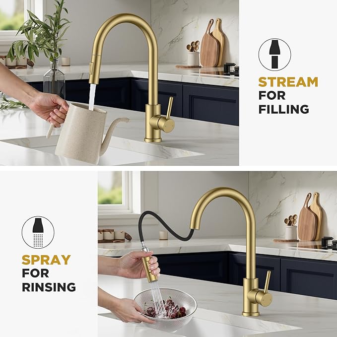 Gold Kitchen Faucet with Pull Down Sprayer, Stainless Steel Kitchen Sink Faucet Classic High Arc Single Handle with Deck Plate for 1 or 3 Hole, Fit for Farmhouse Bar Laundry Camper