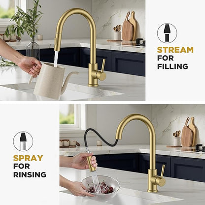 Gold Kitchen Faucet with Pull Down Sprayer, Stainless Steel Kitchen Sink Faucet Classic High Arc Single Handle with Deck Plate for 1 or 3 Hole, Fit for Farmhouse Bar Laundry Camper