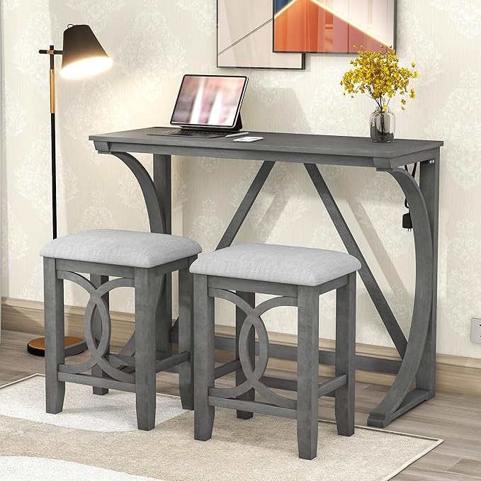Polibi 3-Piece Farmhouse Counter Height Dining Set, Wood Kitchen Dining Table Set with USB Port and 2 Upholstered Stools for Small Places (Gray)