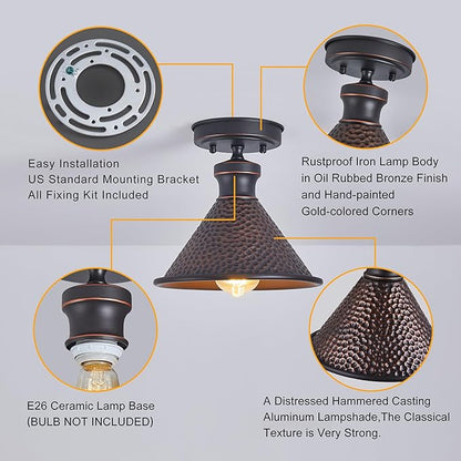 Tarentlight 9.2" Industrial Semi Flush Mount Ceiling Light,Vintage Hammered Pattern Cast Aluminum Shade,1-Light E26 Classic Lamp,Oil Rubbed Bronze Farmhouse Lighting for Hallway Kitchen Entryway.