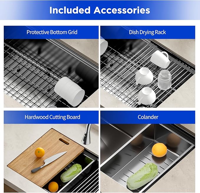 JOMOO 32‑Inch Nano‑Coated Stainless Steel Workstation Sink, 10″ Deep Single Bowl Undermount Kitchen Sinks, Handmade Topmount Sink Set with Accessories for Kitchen, Bar & RV