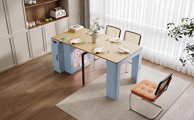 LifeSky Extendable Dining Table with Storage: Expandable Mobile Kitchen Island Table with Power Outlet & LED Light for Small Apartments - Modern Folding Cabinet Table for Dining Room & Living Room (Gr