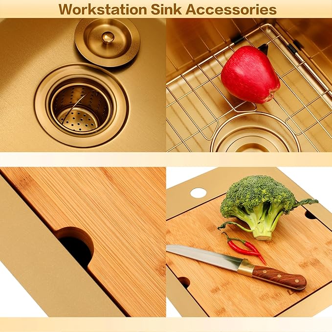 LQS Brushed Gold Finish Kitchen Sink, Small Gold Drop In Bar Sink 16” x 18” with Cutting Board, 16 Gauge Stainless Steel Golden Kitchen Sink, 10” Depth For Daily Use, Outdoor and Prep Use