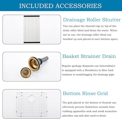 24 Inch Gold Laundry Room Sink Undermount -HLBLFY 24"x18"x12" Gold Laundry Sink Stainless Steel Sink 16 Gauge Single Bowl Deep Kitchen Sink Undermount with Roll Up Rack