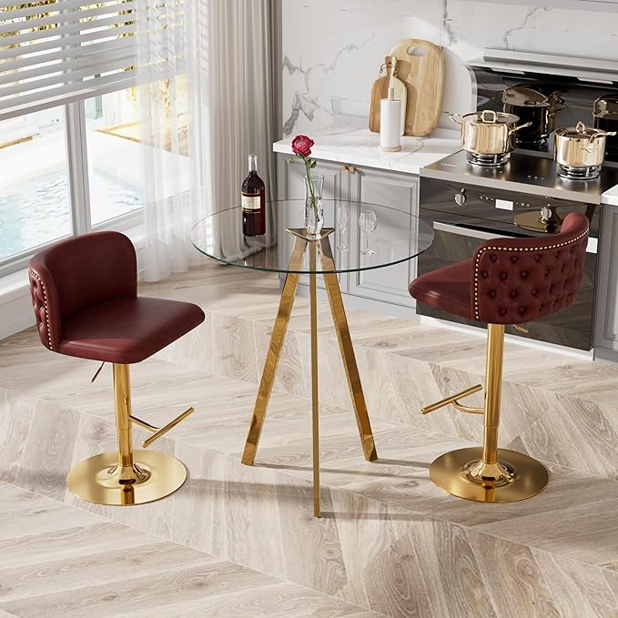 3-Piece Pub Table and Chairs, Round Bar Height Adjustable Swivel PU Leather Bar Stools Set of 2 for Kitchen Island Bistro Office Living Room Small Space Restaurant