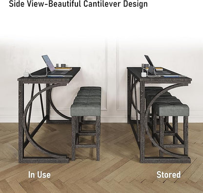 allamazing 4-Piece Counter High Bar Table Set with Socket and 3 Fabric Padded Bar Stools, Tall Kitchen Breakfast Nook with Stool, Black