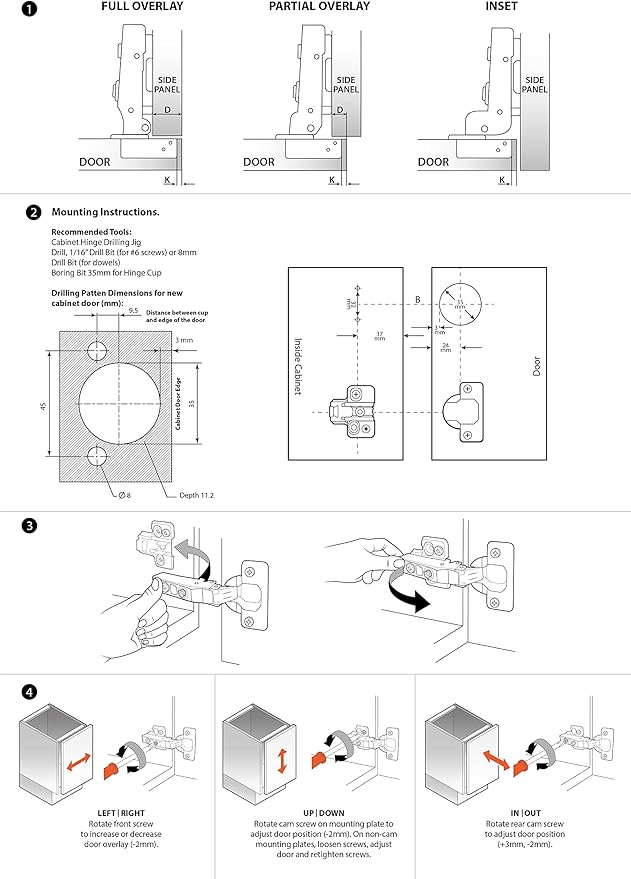 DecoBasics Full Overlay European Soft Close Cabinet Hinges for Kitchen Cabinets (100 Pcs) -105° Frameless Concealed Cabinet Door Hinge -10 Way Adjustability & Clip on Plate Easy Installation