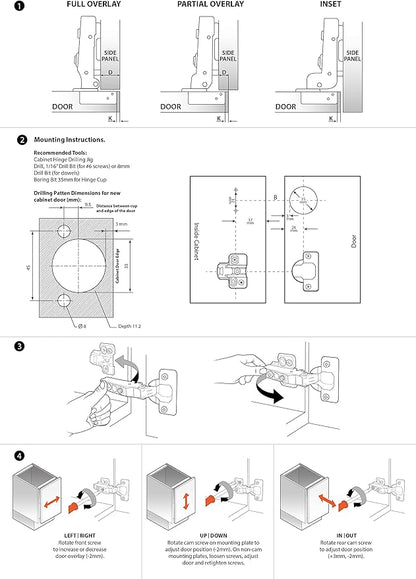 DecoBasics Full Overlay European Soft Close Cabinet Hinges for Kitchen Cabinets (50 Pcs) -105° Frameless Concealed Cabinet Door Hinge -9 Way Adjustability & Clip on Plate for Easy Installation