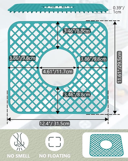 2 Pack Silicone Sink Protector for Kitchen Sink, Trellis Pattern 12 x 11" Sink Grid Mat Silicone Protectors, Center Drain, Green