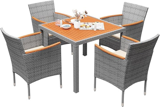Devoko 5 PCS Furniture, Patio Conversation Set with Acacia Wood Top, Rattan Outdoor Dining Table and Chairs for Backyard, Garden, Deck, Grey