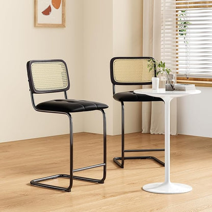 Counter Height Bar Stools Set of 2, Upholstered PU Leather Bar stools with Rattan Back, 26 inch Stools Armless Bar Chairs for Kitchen Island, Black
