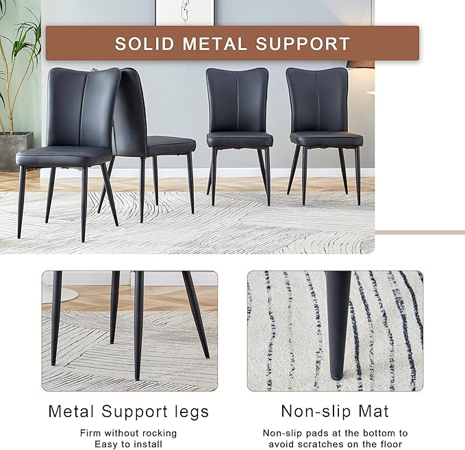 Round Dining Table Set with 2 Black PU Chairs, 31.5 Inch Dark Wood Grain Table with Suction Molding Annular Texture and Vertical Stripe Design, Modern Minimalist for Dining Room