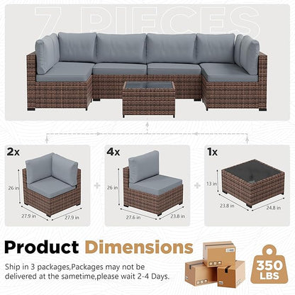 LHBcraft Patio Furniture Set,7 Pieces Outdoor Wicker Rattan Patio Furniture with Rain Cover, Wicker Rattan Outdoor Sectional Sofa Set with Coffee Table for Garden, Taupe-Blue