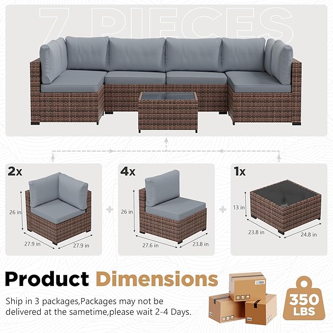LHBcraft 7 Pieces Outdoor Wicker Rattan Patio Furniture with Rain Cover, Wicker Rattan Outdoor Sectional Sofa Set with Coffee Table & Blue Cushions for Garden, Poolside