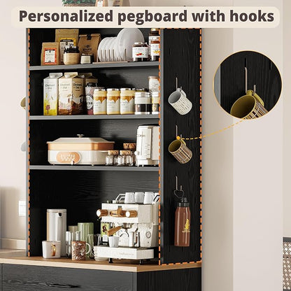 IRONCK Bakers Rack Microwave Stand with Customizable Pegboard and Storage, 71" Farmhouse Coffee Bar Cabinet with Drawer, Barn Doors, Adjustable Shelves for Kitchen, Dining Room, Living Room, Black