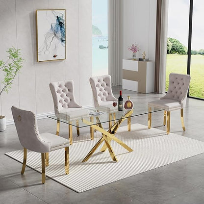 51" Glass Dining Table for 4-6, Modern Dining Room Table with 0.39" Tempered Glass Top and Cross X-Shaped Gold Stainless Steel Base, Rectangle Kitchen Dinner Table for Dining Room