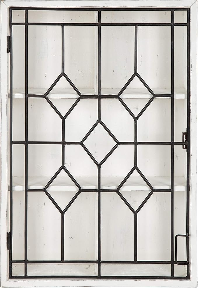 Kate and Laurel Megara Decorative Wooden Wall Hanging Curio Cabinet for Open Storage with Decorative Black Iron Door, Whitewash Finish