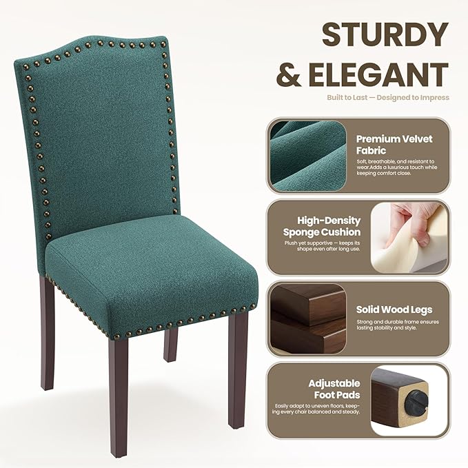 MALOL Dining Chairs Set of 4, Soft Comfortable Upholstered Parsons Dining Chairs with High-Density Cushion & Solid Wood Legs, Elegant Nailhead Trim for Dining Room, Kitchen, Living Room – Green