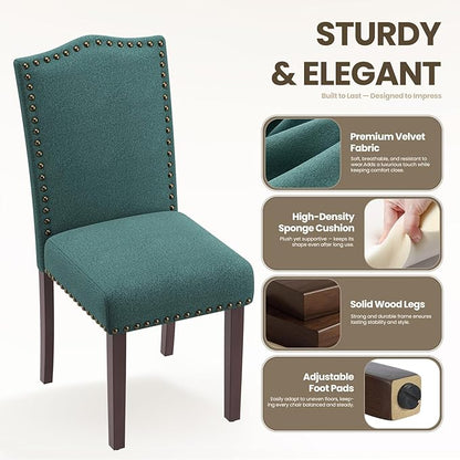 MALOL Dining Chairs Set of 2, Soft Comfortable Upholstered Parsons Chairs with High-Density Cushion & Solid Wood Legs, Nailhead Trim, Modern Accent Chairs for Dining Room, Kitchen, Living Room – Green