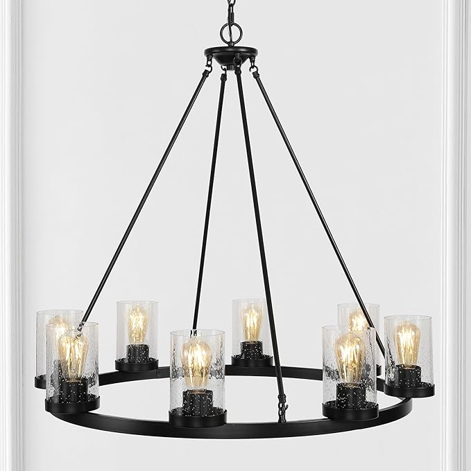 JONATHAN Y 33.5" Oil Rubbed Bronze 8-Light Rustic Farmhouse LED Chandelier, Round Metal Wagon Wheel Pendant Lighting for Dining Room Kitchen with Seeded Glass Shade (JYL7554A)