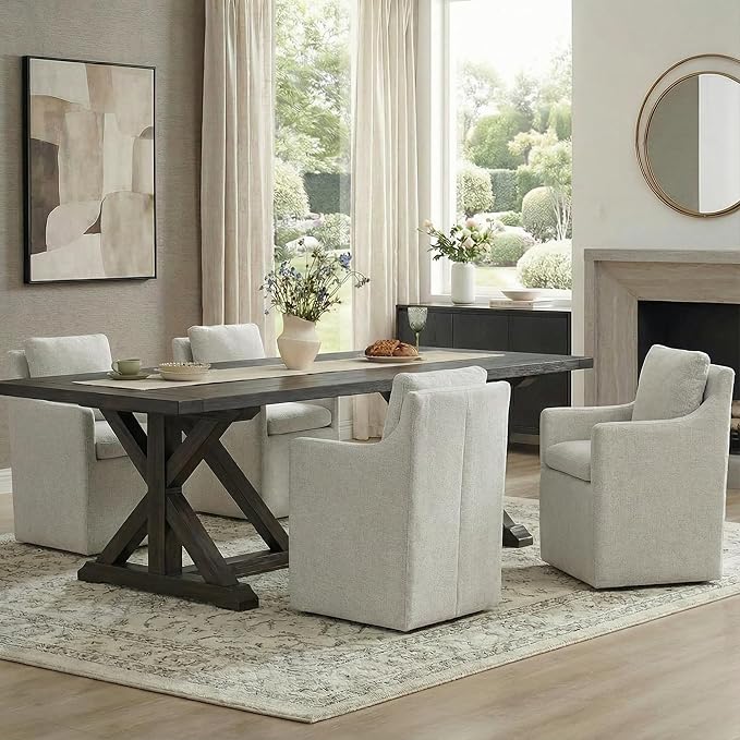 KISLOT Upholstered Dining Chairs with Casters, No Assembly Modern Accent Armchair with Rollers for Dining Room, Bedroom, Living Room, Reading Room, Already Assembled, Linen, 1 Box